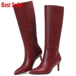 PU Leather Knee High Boots with Stiletto Heel and Side Zipper